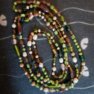 Green and natural tans glass bead necklace